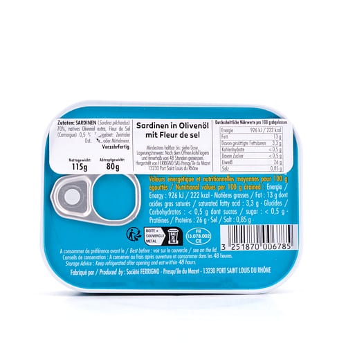 Ferrigno Sardinen in Olivenöl mit Fleur de sel 115g 80 Gramm Abtropfgewicht Produktbild