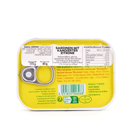 Ferrigno Sardinen mit kandierter Zitrone 115g 65 Gramm Abtropfgewicht Produktbild