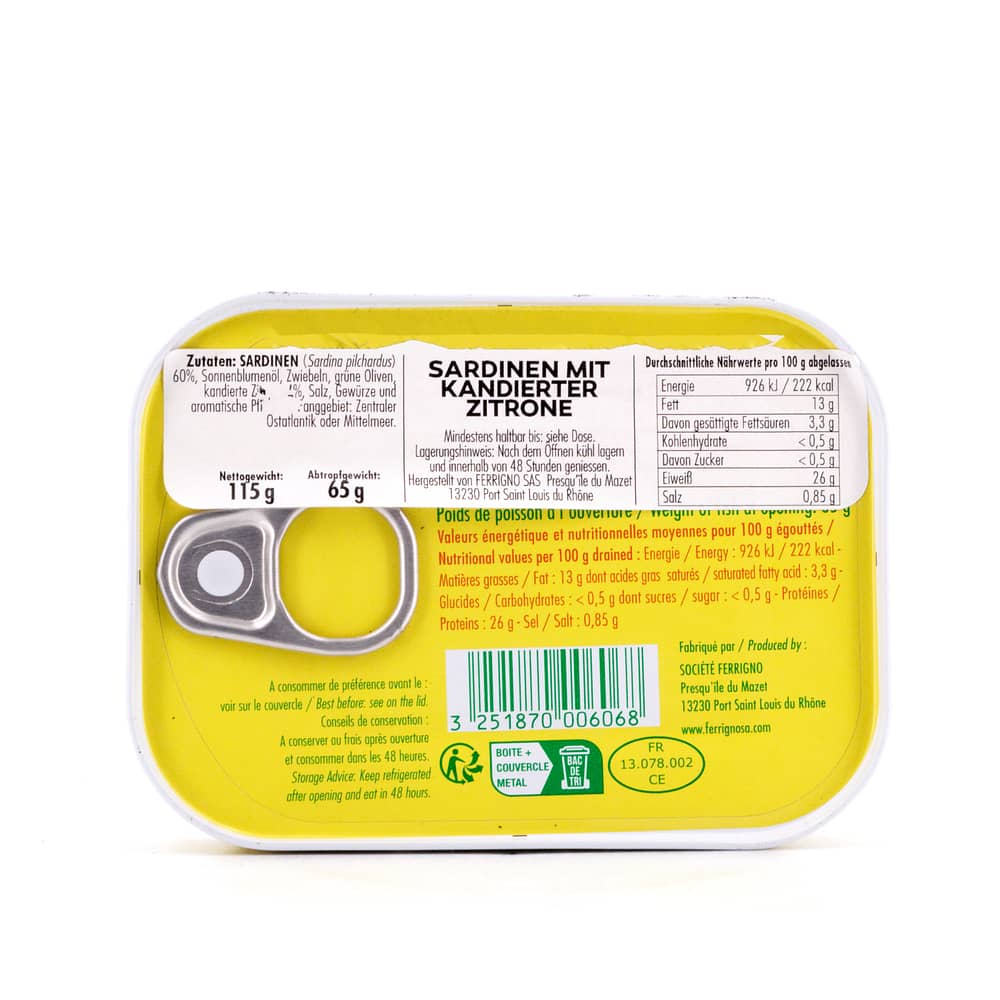 Ferrigno Sardinen mit kandierter Zitrone 115g 65 Gramm Abtropfgewicht Produktbild