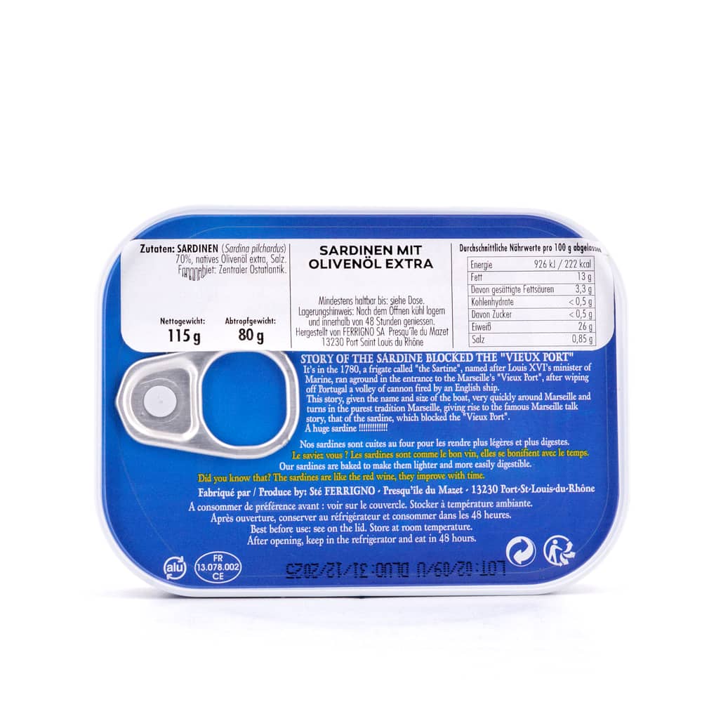 Ferrigno Sardinen mit Olivenöl extra (Les belles de Marseille) 115g 80 Gramm Abtropfgewicht Produktbild