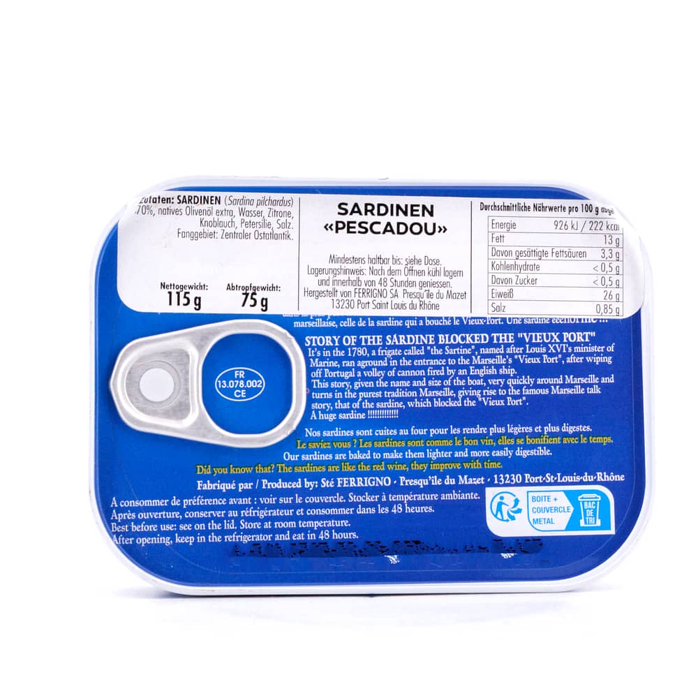 Ferrigno Sardinen 'Pescadou'  (Les belles de Marseille) 115g 75 Gramm Abtropfgewicht Produktbild