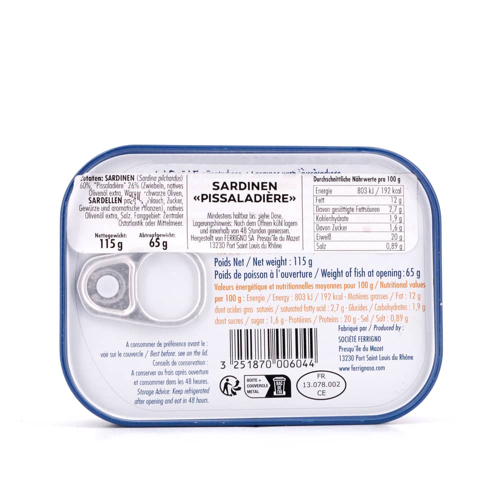 Ferrigno Sardinen Pissaladière 115g 65 Gramm Abtropfgewicht Produktbild
