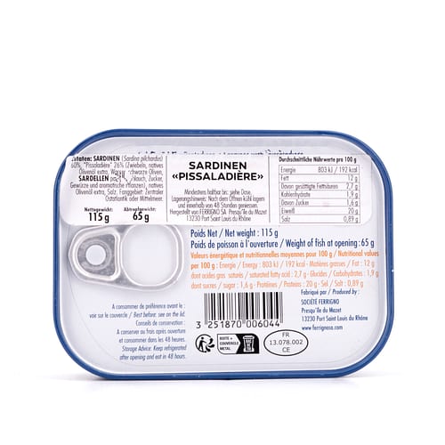 Ferrigno Sardinen Pissaladière 115g 65 Gramm Abtropfgewicht Produktbild