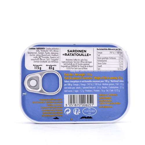 Ferrigno Sardinen Ratatouille 115g 65 Gramm Abtropfgewicht Produktbild
