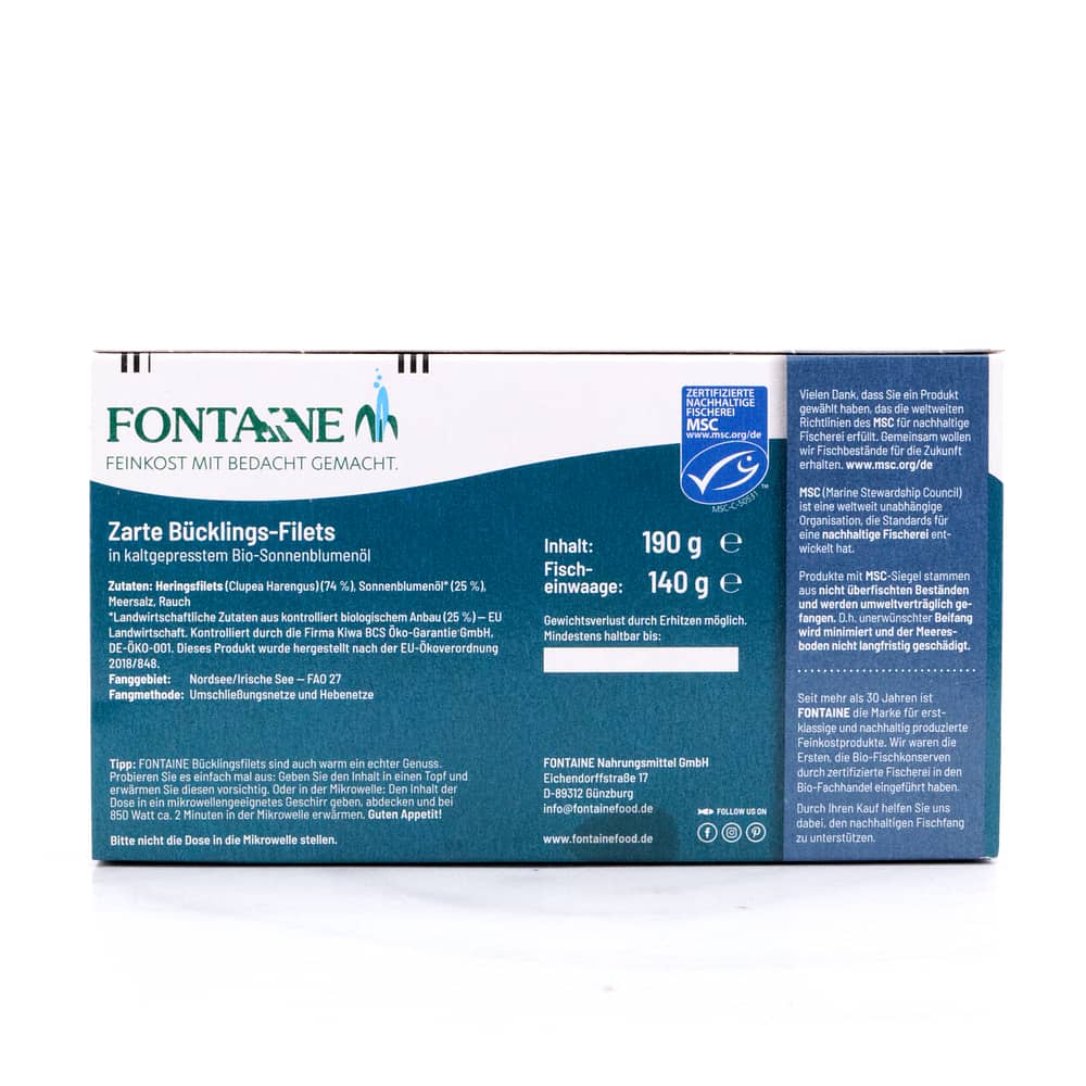 Fontaine Bücklingsfilets in BIO-Sonnenblumenöl 190g 140 Gramm Abtropfgewicht Produktbild