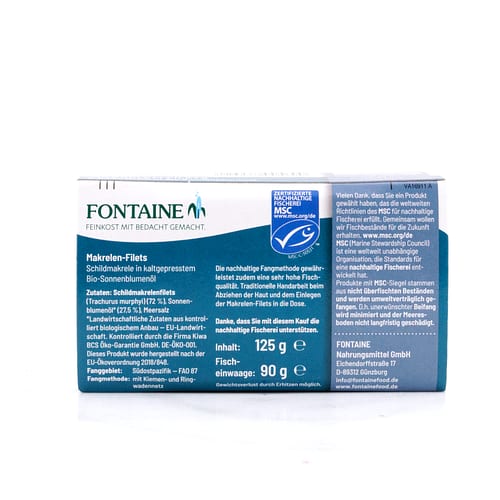 Fontaine Makrelenfilets in BIO-Sonnenblumenöl 125g 90 Gramm Abtropfgewicht Produktbild