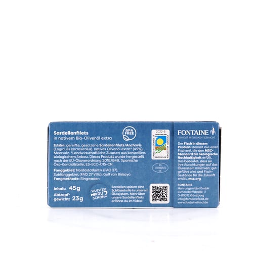 Fontaine Sardellenfilets in nativem BIO-Olivenöl extra 45g 23 Gramm Abtropfgewicht Produktbild