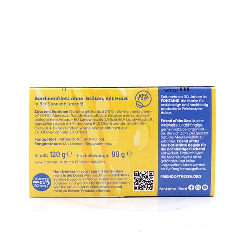 Fontaine Sardinen ohne Haut   Kräten in BIO-Sonnenblumenöl 120g 90 Gramm Abtropfgewicht Produktbild