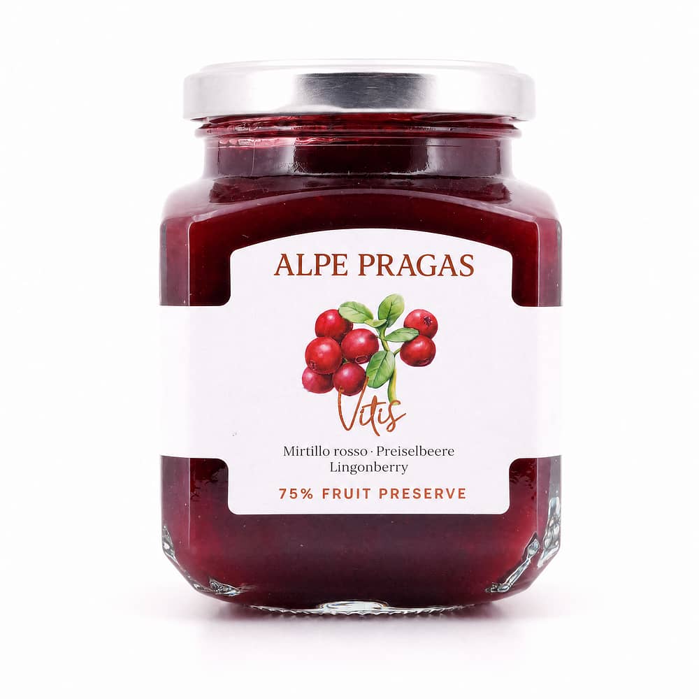 Alpe Pragas Fruchtaufstrich Vitis (Preisselbeere) mit 75% Fruchtanteil 335 Gramm Produktbild