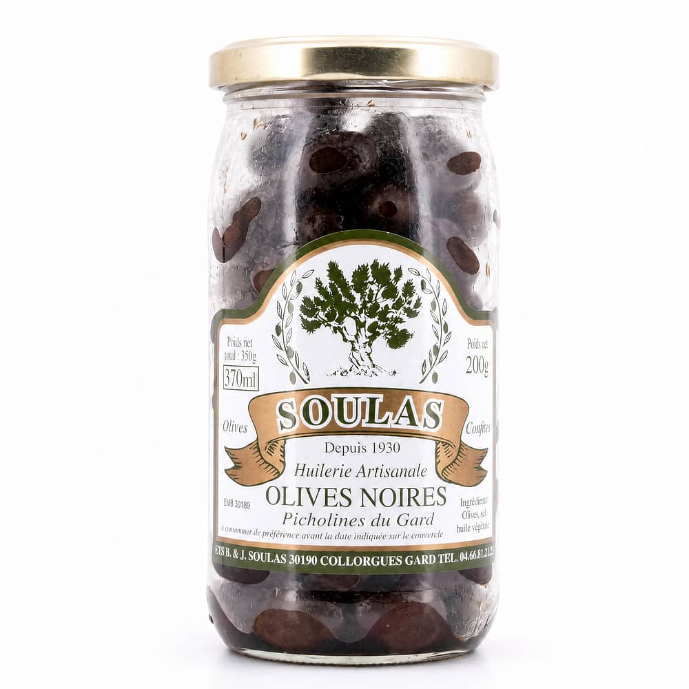 Beauharnais-CARLANT Olives Noires Soulas Picholines du Gard Schwarze Oliven 200 Gramm Abtropfgewicht Produktbild