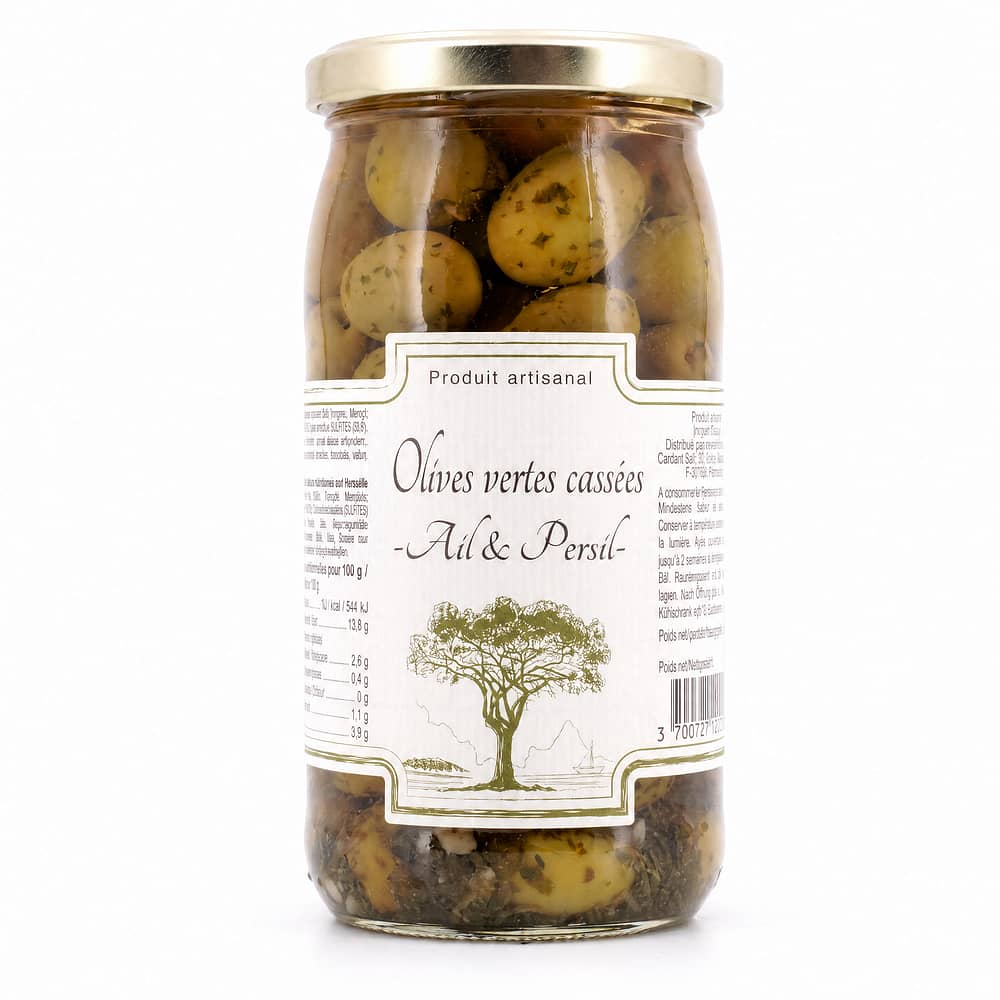 Beauharnais-CARLANT Olives vertes cassées -Ail & Persil- Zerbrochene grüne Oliven mit Knoblauch und Petersilie 350g 200 Gramm Abtropfgewicht Produktbild