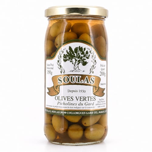 Beauharnais-CARLANT Olives vertes Soulas Picholines du Gard Grüne Oliven 350g 200 Gramm Abtropfgewicht Produktbild