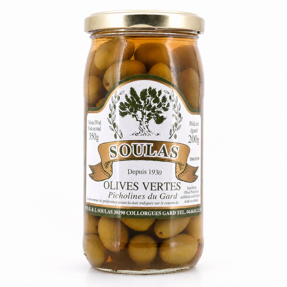 Beauharnais-CARLANT Olives vertes Soulas Picholines du Gard Grüne Oliven 350g 200 Gramm Abtropfgewicht Produktbild