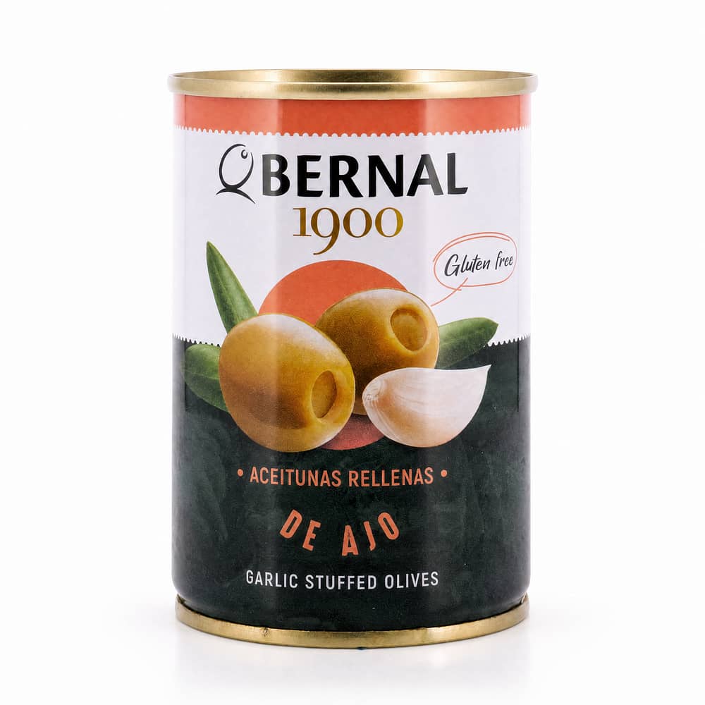 Bernal Grüne Oliven gefüllt mit Knoblauchpaste 292g Dose 120 Gramm Abtropfgewicht Produktbild