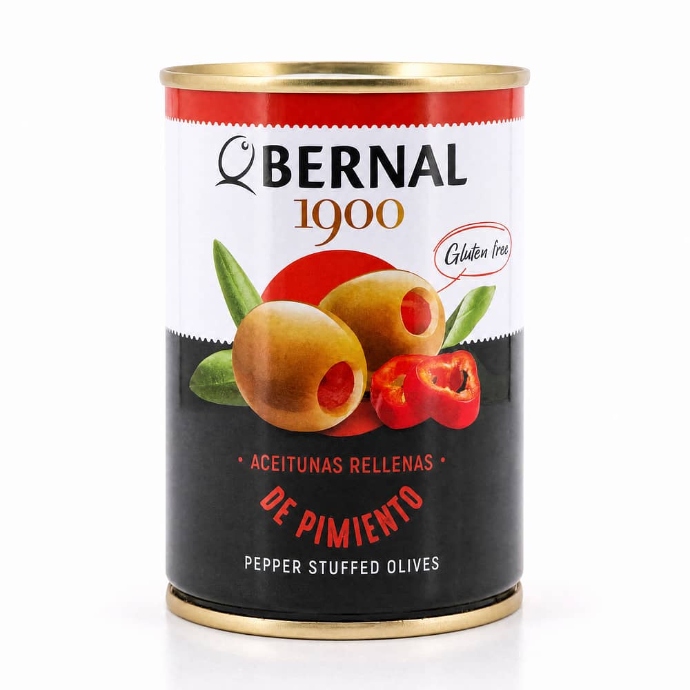 Bernal Grüne Oliven gefüllt mit Pfefferpaste 292g Dose 120 Gramm Abtropfgewicht Produktbild