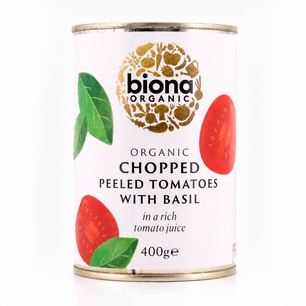 Biona Organic Chopped Peeled Tomatoes With Basil Gehackte, geschälte Tomaten in reichhaltigen Tomatensaft mit Basilikum 400 Gramm Produktbild