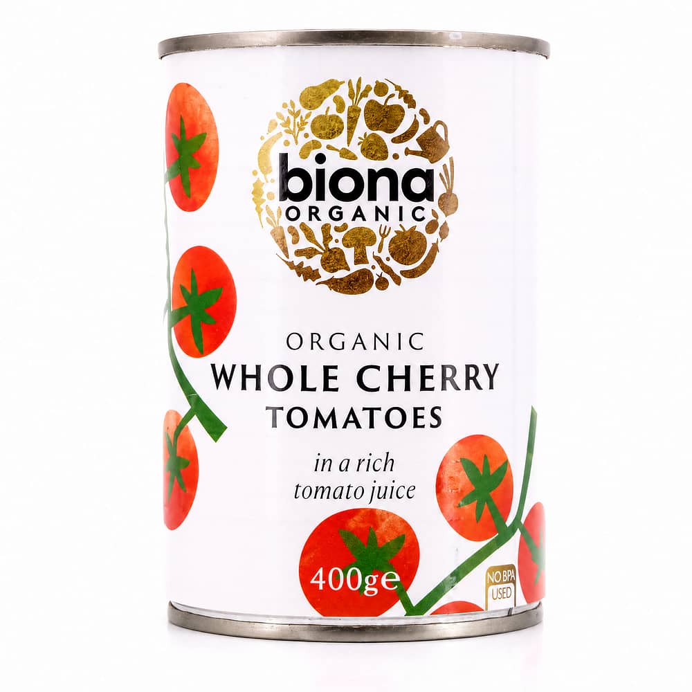 Biona Organic Whole Cherry Tomatoes Kirschtomaten im Ganzen in reichhaltigen Tomatensaft 400 Gramm Produktbild