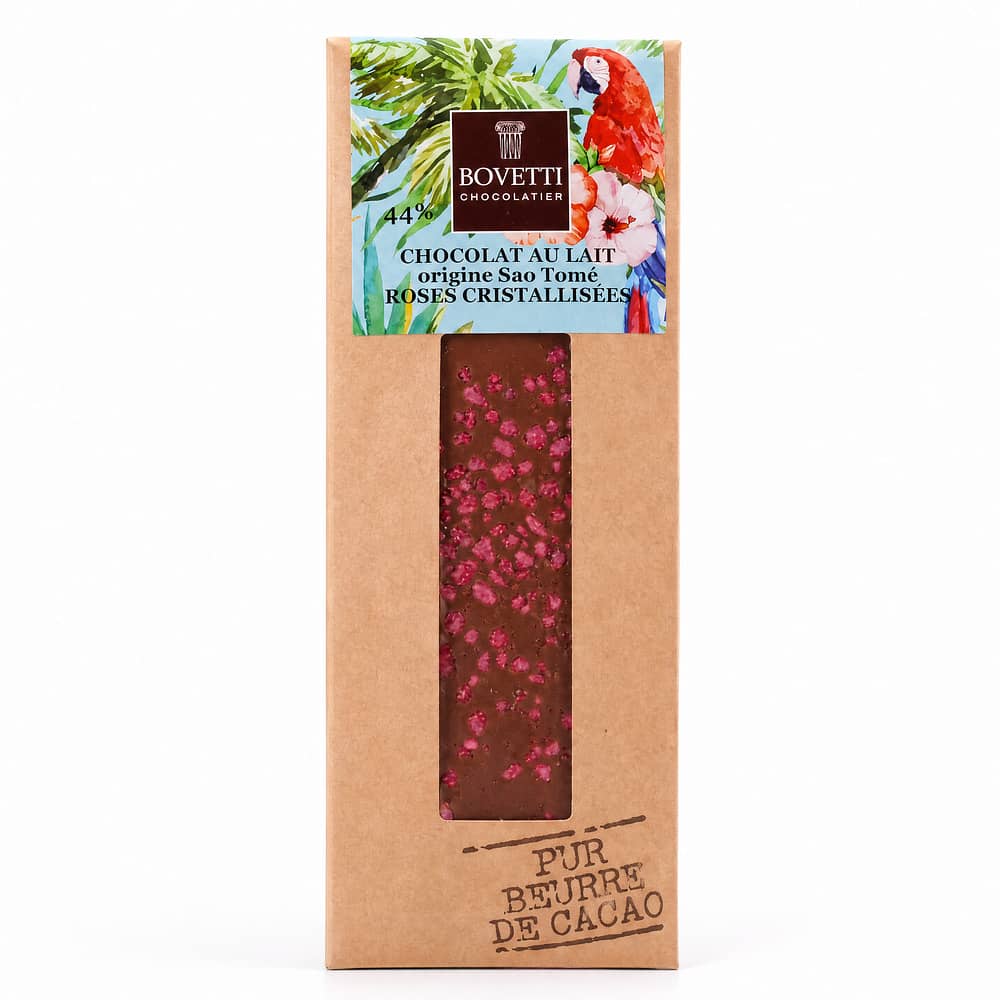 BOVETTI Chocolat Au Lait Roses Cristallisées Milchschokolade mit kandierten Rosenblütenstückchen 50 Gramm Produktbild
