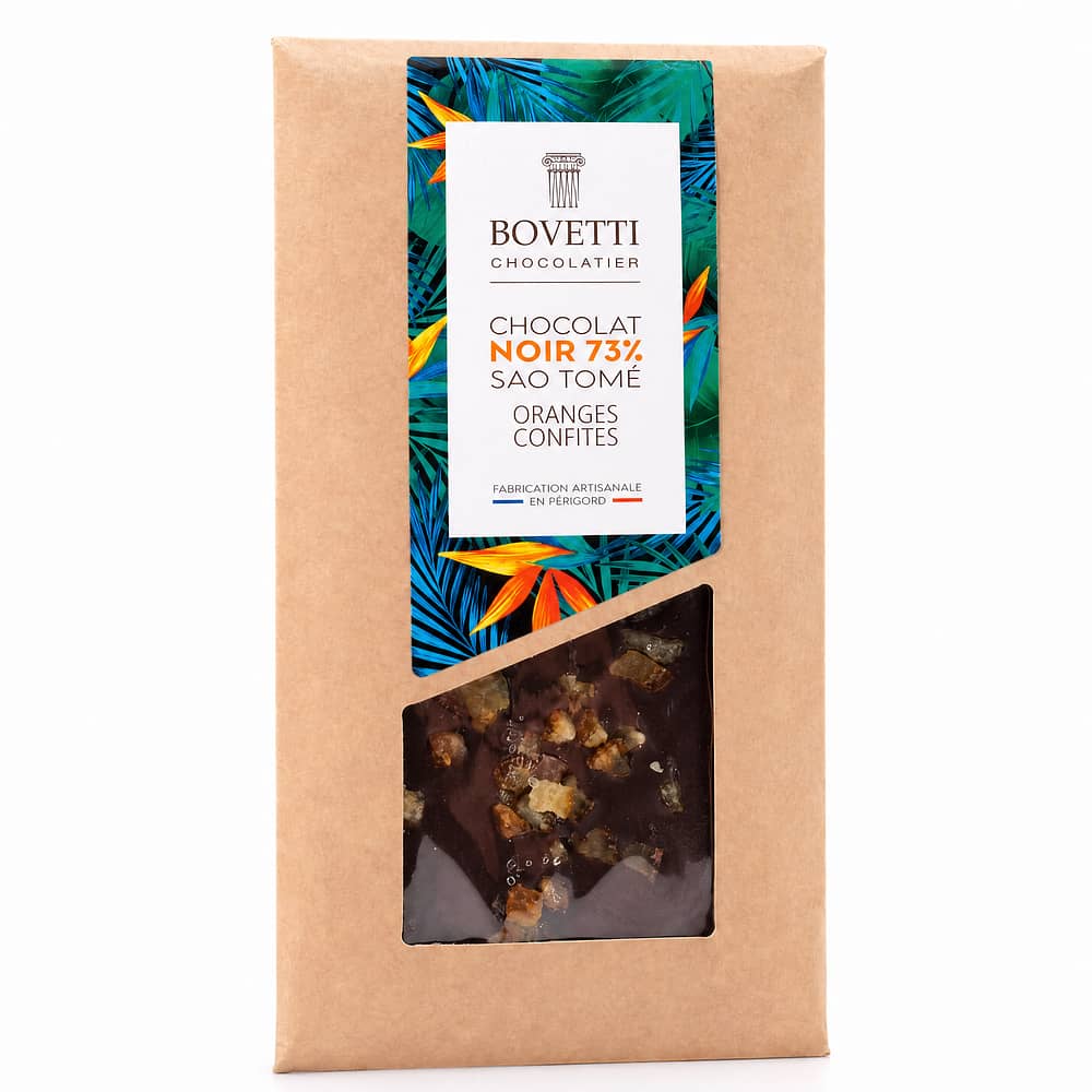 BOVETTI Chocolat Sao Tomé 73% Oranges Confites Zartbitterschokolade mit kandierten Orangen 100 Gramm Produktbild