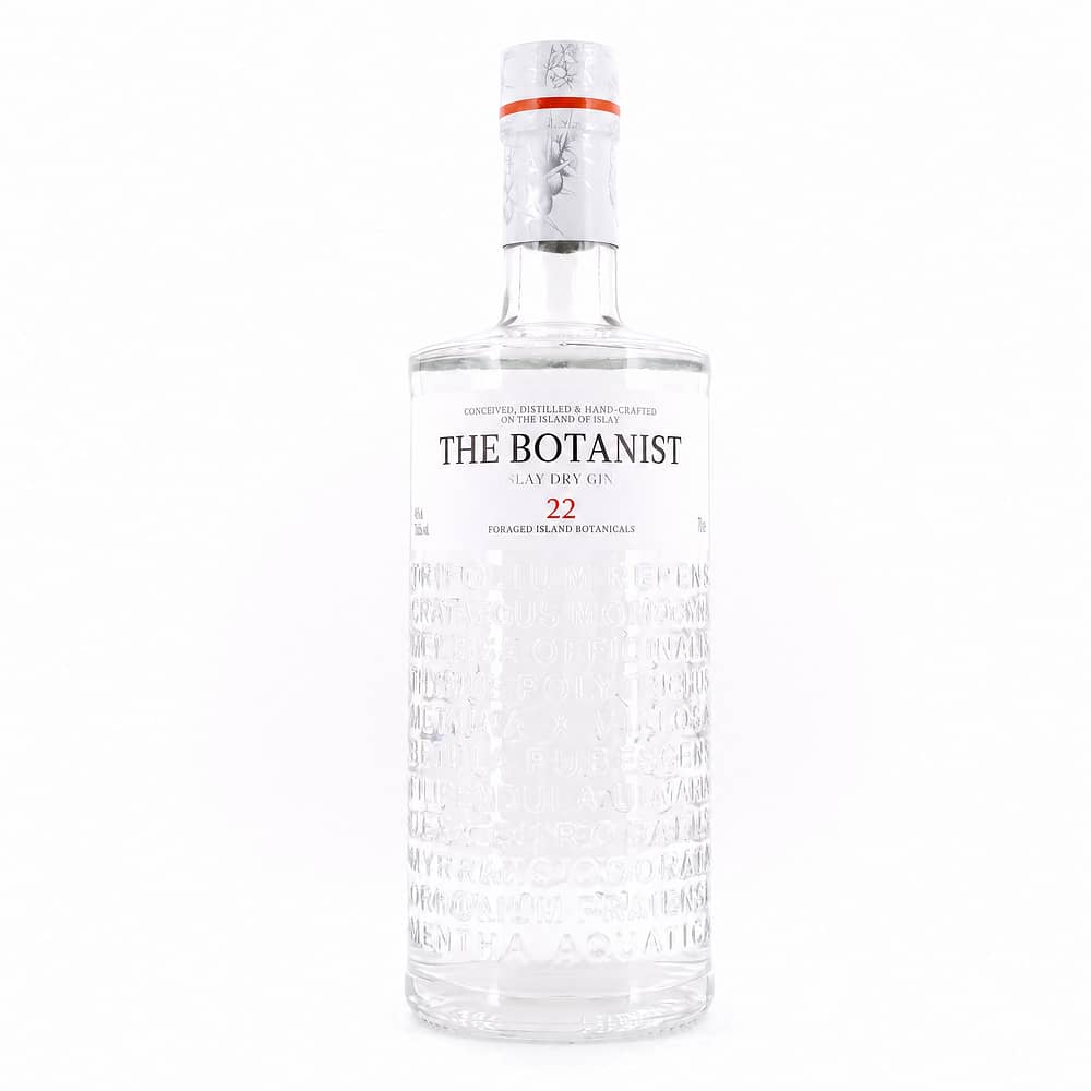 Bruichladdich The Botanist 22 enthaltene Botanicals in Relief-Schrift auf der Flasche 0,70 Liter/ 46.0% vol Produktbild