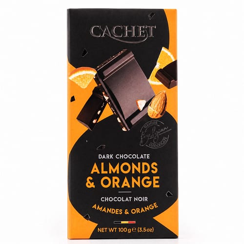 Cachet Dark Chocolate Almonds & Orange Zartbitterschokolade mit Mandelstücke und kandierten Orangenzesten 100 Gramm Produktbild