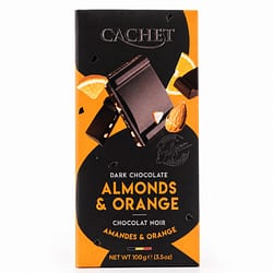Cachet Dark Chocolate Almonds & Orange Zartbitterschokolade mit Mandelstücke und kandierten Orangenzesten Produktbild