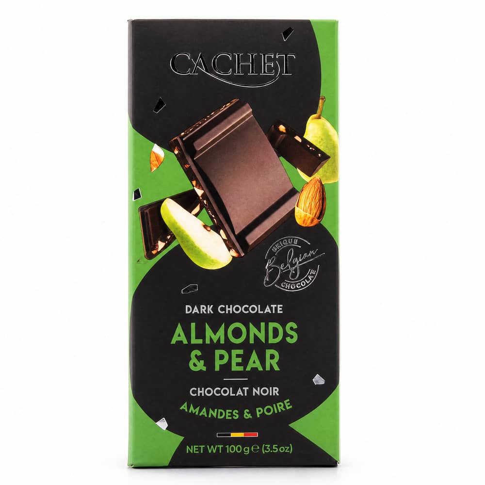 Cachet Dark Chocolate Almonds & Pear Zartbitterschokolade mit Mandel- und Birnenstücken 100 Gramm Produktbild