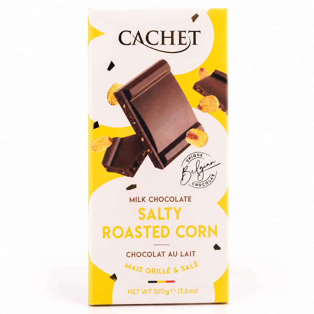 Cachet Milk Chocolate Salty Roasted Corn Vollmilchschokolade mit gerösteter Maisstücke und Meersalz 100 Gramm Produktbild