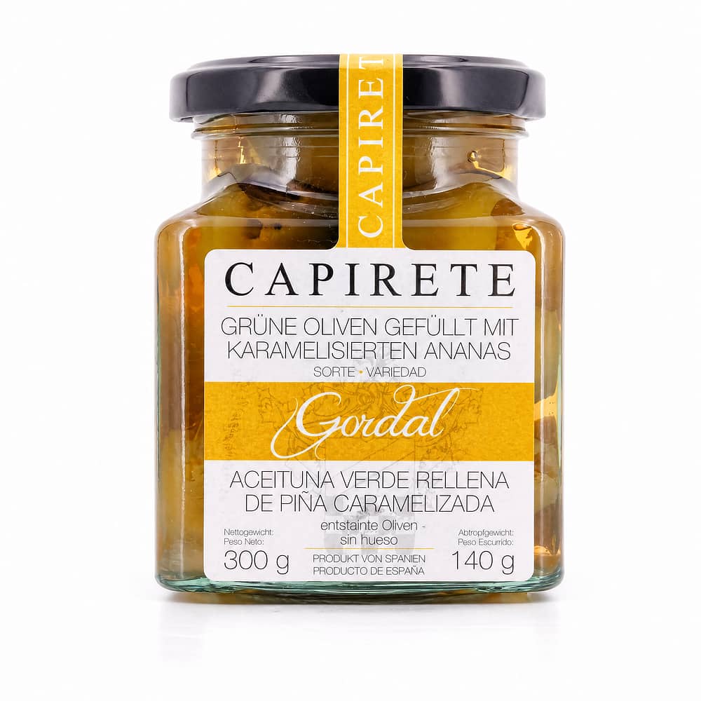 Capirete Gordal grüne Oliven gefüllt mit karamellisierten Ananas 300g 140 Gramm Abtropfgewicht Produktbild