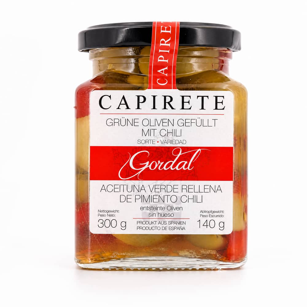 Capirete Gordal grüne Oliven mit Chili 300g 140 Gramm Abtropfgewicht Produktbild