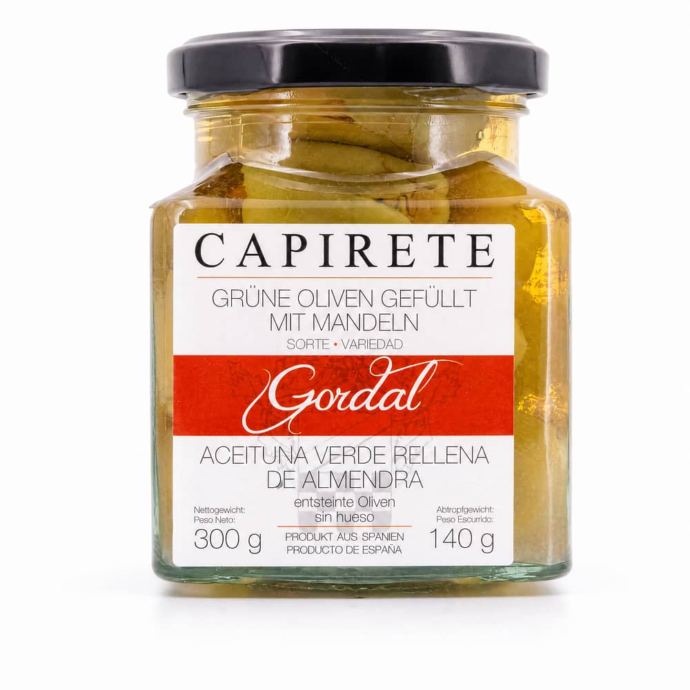 Capirete Gordal grüne Oliven mit Mandeln 300g 140 Gramm Abtropfgewicht Produktbild