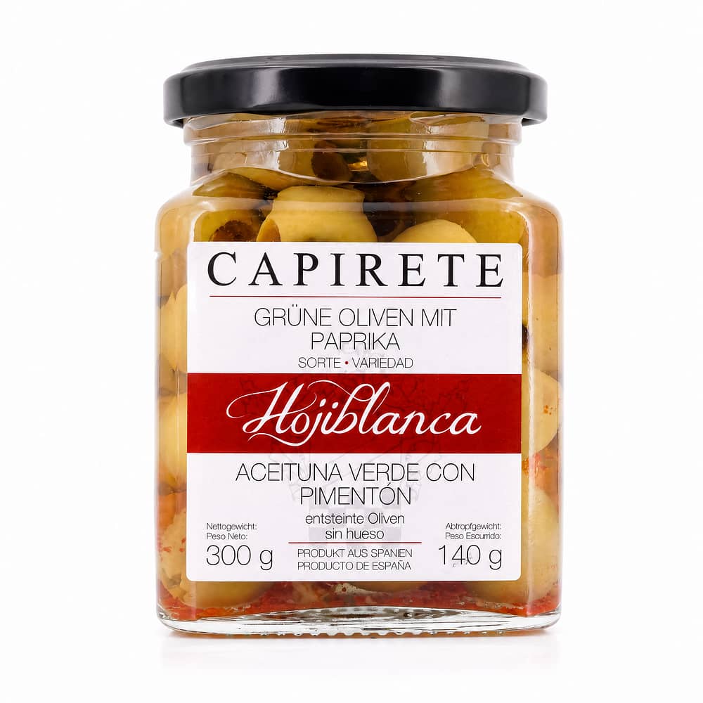 Capirete Hojiblanca grüne Oliven mit Paprika 300g 140 Gramm Abtropfgewicht Produktbild