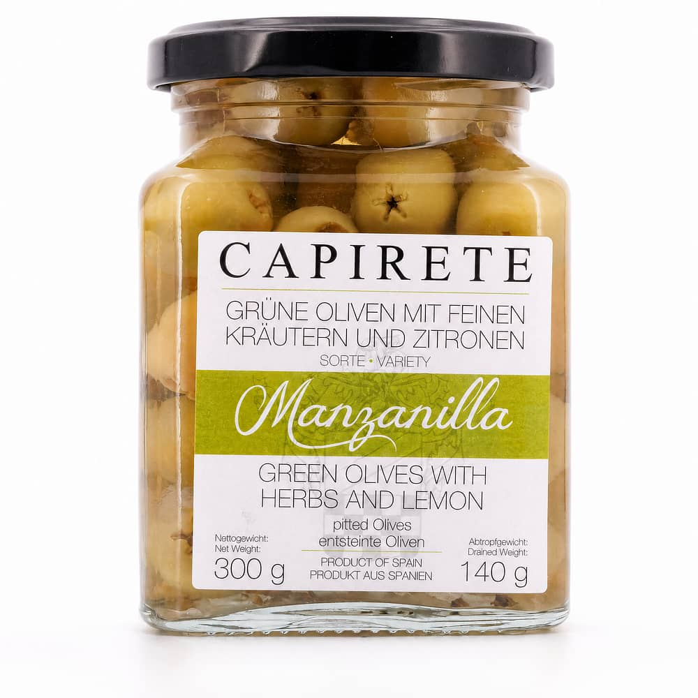 Capirete Manzanilla Oliven grüne Oliven mit Kräutern 300g 140 Gramm Abtropfgewicht Produktbild