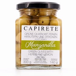 Capirete Manzanilla Oliven grüne Oliven mit Kräutern 300g Produktbild
