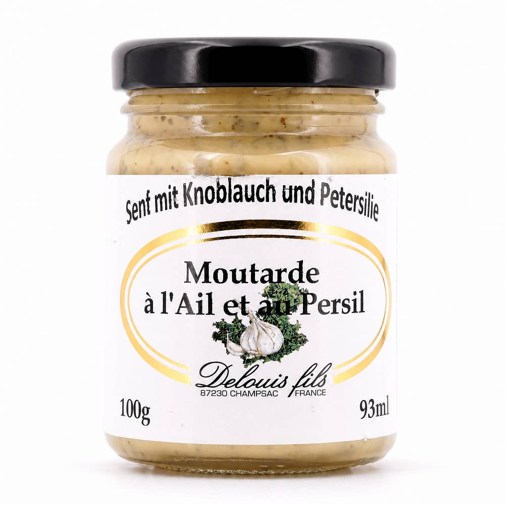 Delouis Fils Moutarde à i`Ail et au Persil Senf mit Knoblauch und Petersilie 100 Gramm Produktbild