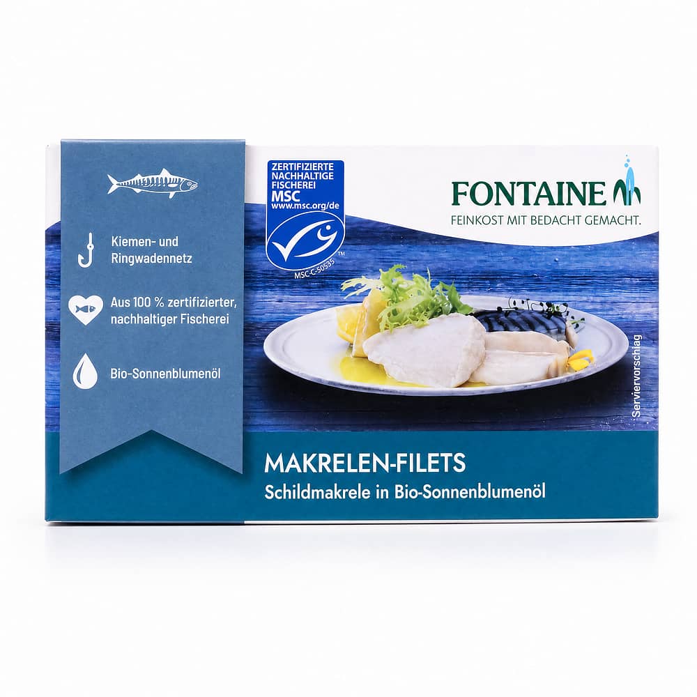 Fontaine Makrelenfilets in BIO-Sonnenblumenöl 125g 90 Gramm Abtropfgewicht Produktbild