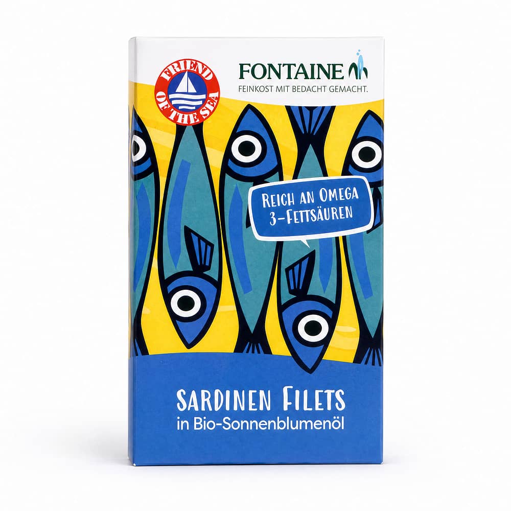 Fontaine Sardinen ohne Gräten, mit Haut in BIO-Sonnenblumenöl 120g 90 Gramm Abtropfgewicht Produktbild