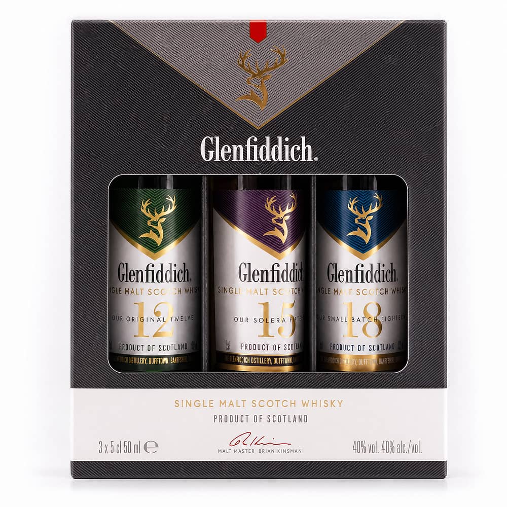 Glenfiddich Tasting Pack 12, 15 & 18 Jahre je 0,05l 0,150 Liter/ 40.0% vol Produktbild