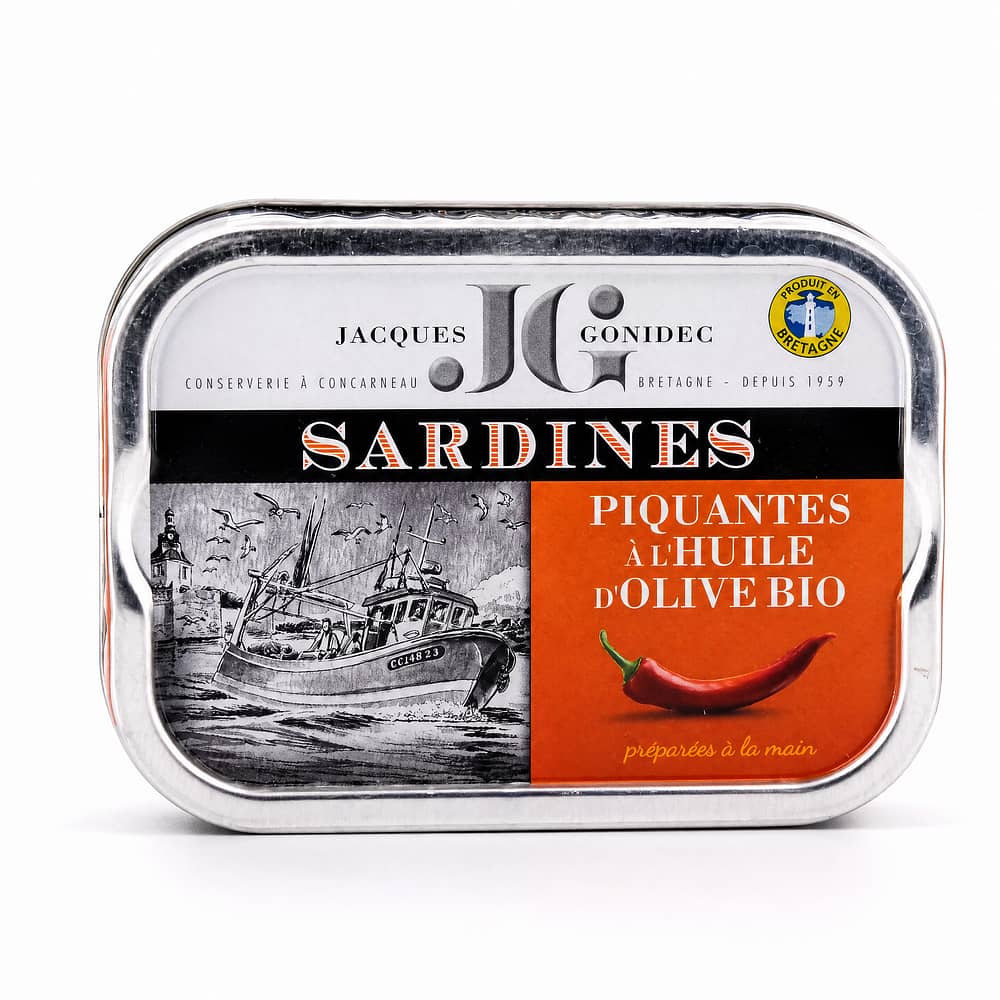 Jacques Gonidec Pikante Sardinen in nativem Bio-Olivenöl 115g 87 Gramm Abtropfgewicht Produktbild