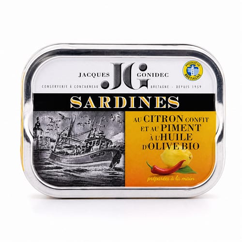 Jacques Gonidec Pikante Sardinen in Olivenöl mit kandierter Bio-Zitrone und -Piment 115g 87 Gramm Abtropfgewicht Produktbild