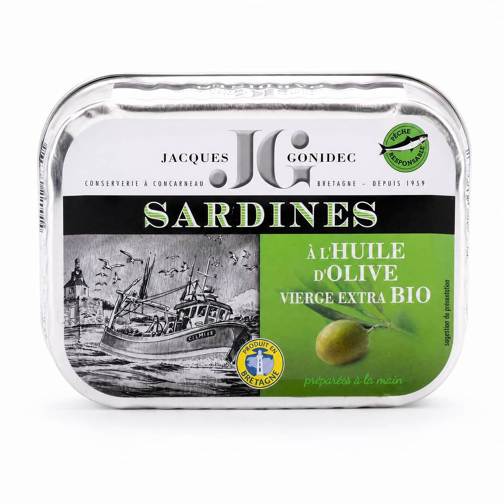 Jacques Gonidec Sardinen in Bio-Olivenöl 115g 87 Gramm Abtropfgewicht Produktbild
