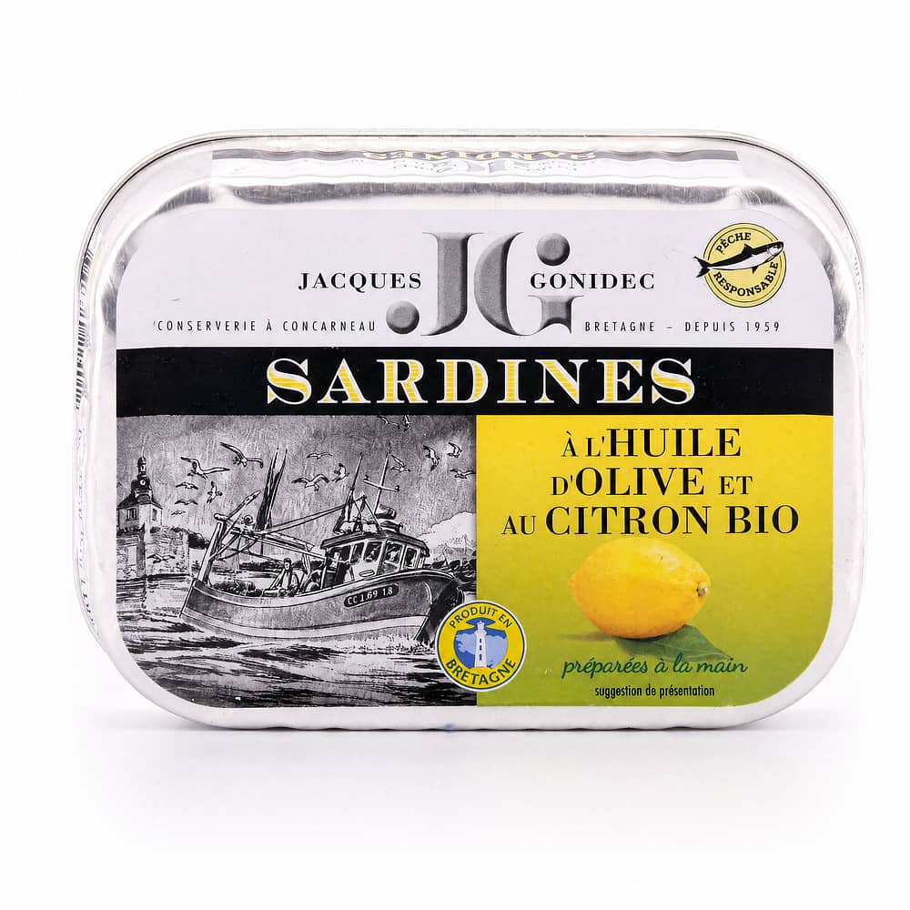 Jacques Gonidec Sardinen in Bio-Olivenöl mit Zitrone 115g 87 Gramm Abtropfgewicht Produktbild