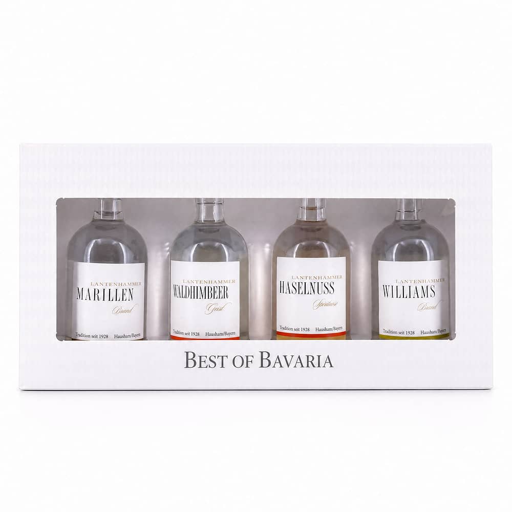 Lantenhammer Best of Bavaria Edelbrände Miniatur-Set je 0,050l Willamsbrine; Haselnuss; Waldhimbeer & Marille 0,20 Liter/ 42.0% vol Produktbild