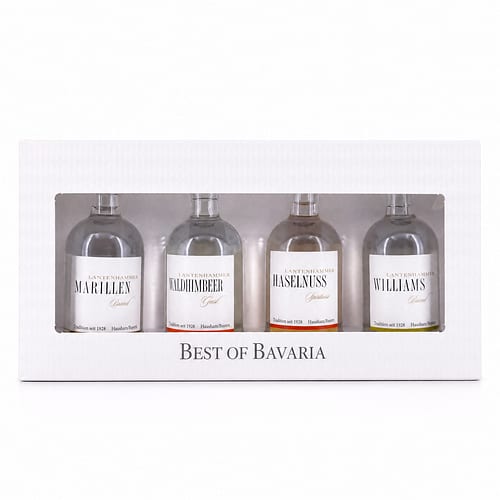 Lantenhammer Best of Bavaria Edelbrände Miniatur-Set je 0,050l Willamsbrine; Haselnuss; Waldhimbeer & Marille 0,20 Liter/ 42.0% vol Produktbild
