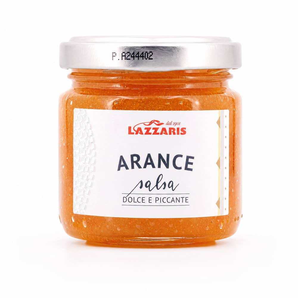 Lazzaris Orangen-Sauce aus kandierten Früchten mit Senfaroma Orangen Sauce Süß-Scharf 120 Gramm Produktbild