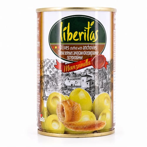Liberitas Grüne Oliven gefüllt mit Anchovis 280g 100 Gramm Abtropfgewicht Produktbild