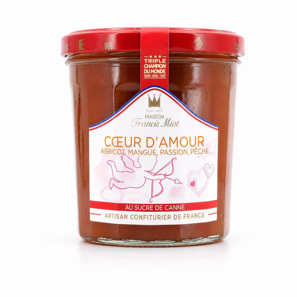 Maison Francis Miot Coeur d`Amour Konfitüre aus Aprikose, Mango, Passionsfrucht, Pfirsich & Champagner, mit Rohrzucker 340 Gramm Produktbild