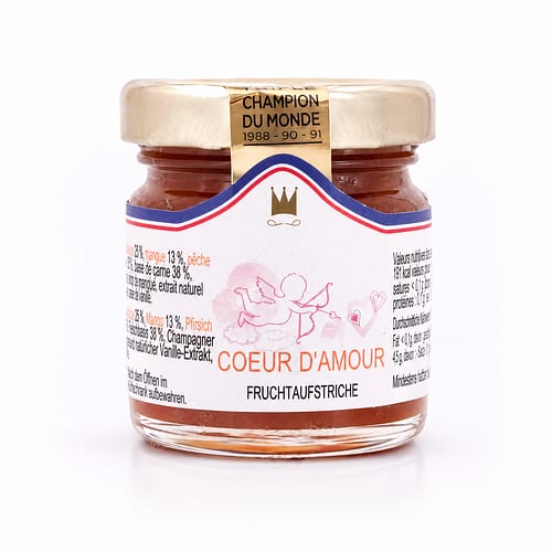 Maison Francis Miot Coeur d`Amour Konfitüre aus Aprikose, Mango, Passionsfrucht, Pfirsich & Champagner, mit Rohrzucker 45 Gramm Produktbild
