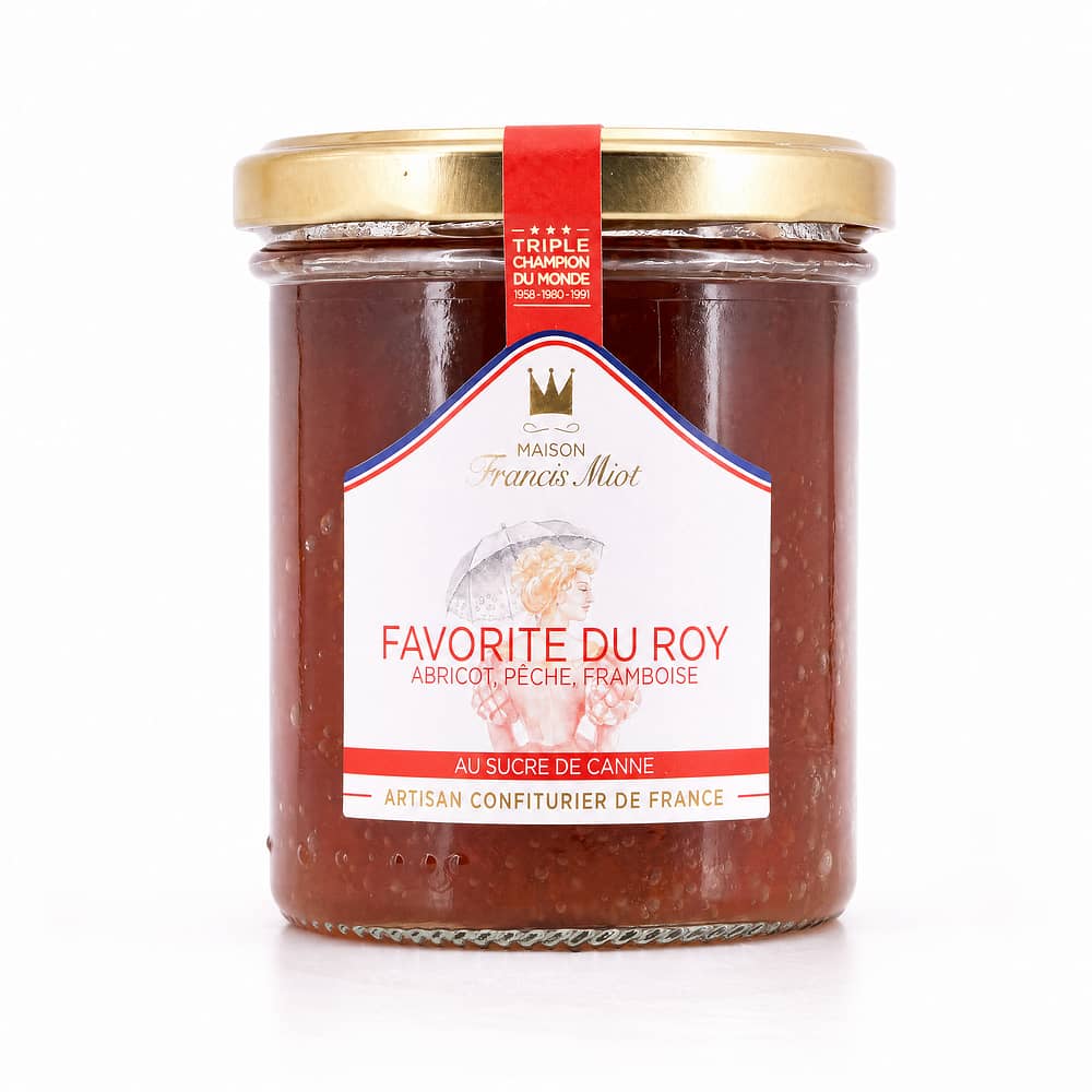 Maison Francis Miot Favorite Du Roy /Aprikose, Pfirsich & Himbeere Fruchtaufstrich mit Rohrzucker 220 Gramm Produktbild