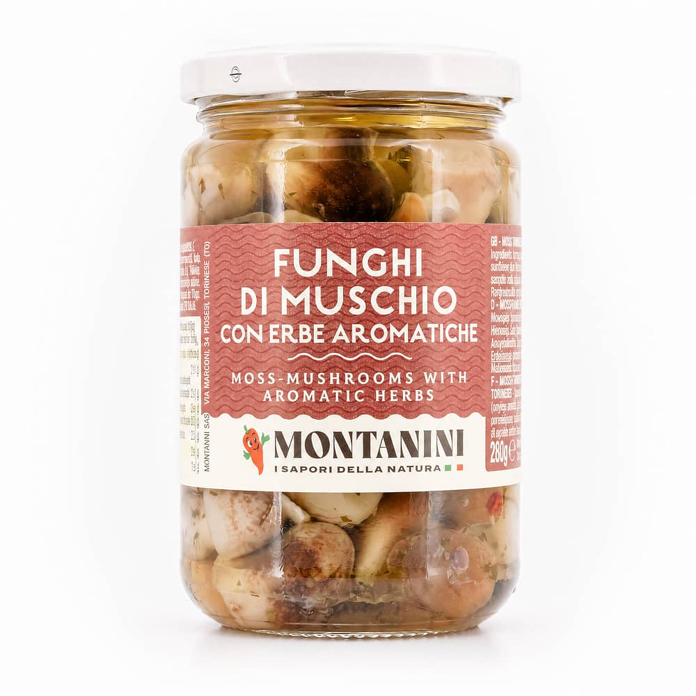 Montanini Funghi di muschio Moospilze mit Würzkräuter in Sonnenblumenöl 280 Gramm Produktbild